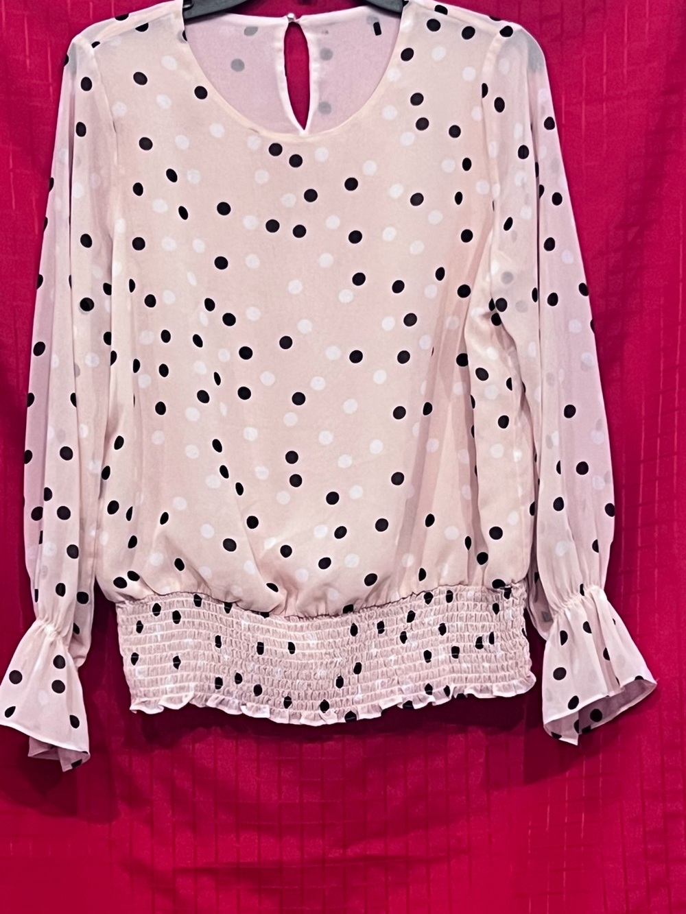 Polka Dot Smocked Hem Long-Sleeve Top - Pink